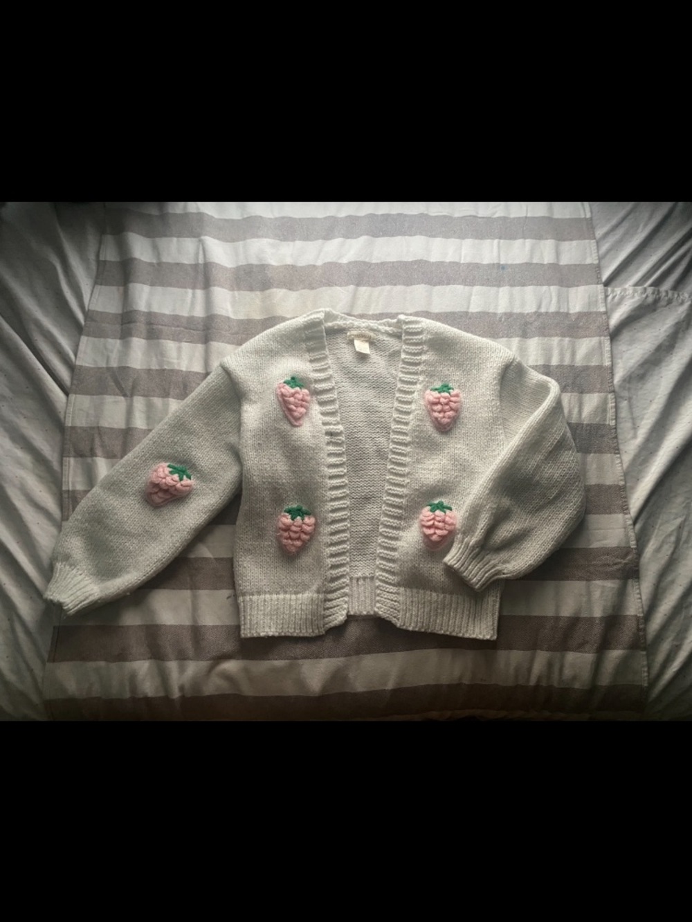 Chunky Knit Cardigan with Pink Strawberry Appliqués